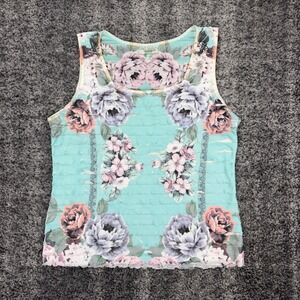 Dressbarn Women's Petite Large Floral Tank Top Sleeveless Aqua Blue Ruffle Trim